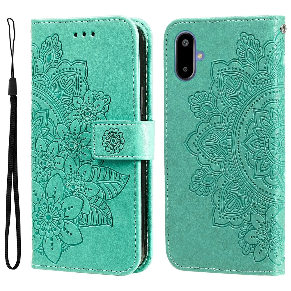 For Samsung Galaxy F06 5G Case Floral Pattern PU Leather Wallet Stand Phone Cover - Green - 1
