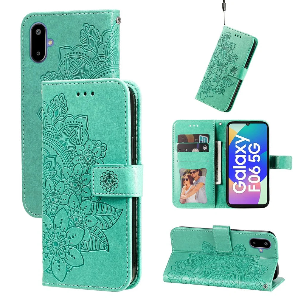 For Samsung Galaxy F06 5G Case Floral Pattern PU Leather Wallet Stand Phone Cover - Green - 3