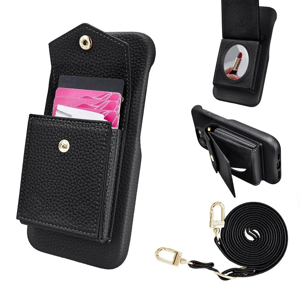 For iPhone 16 Pro Max Case Litchi Textured PU + TPU Phone Cover with Card Holder, Strap - Black - 1
