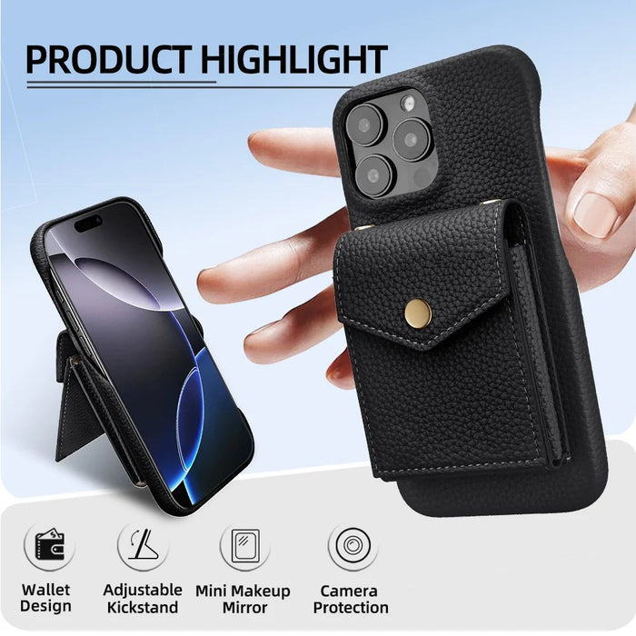 For iPhone 16 Pro Max Case Litchi Textured PU + TPU Phone Cover with Card Holder, Strap - Black - 2