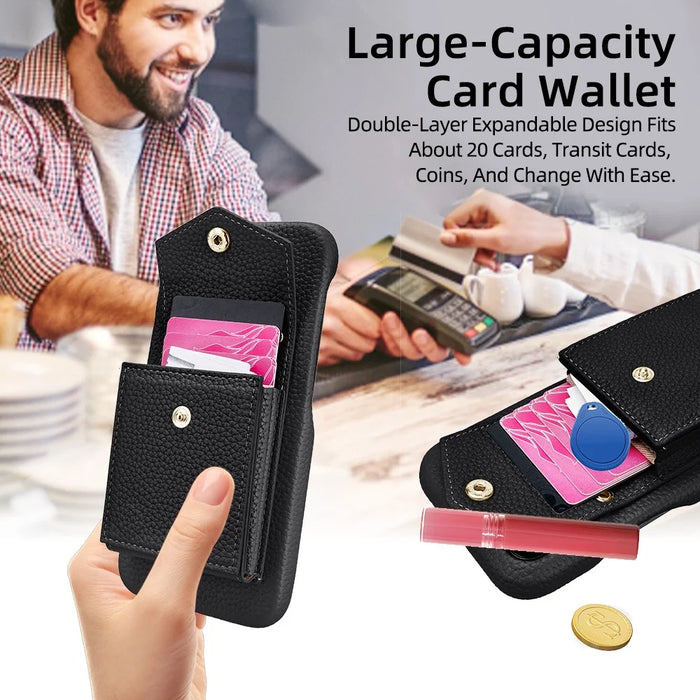 For iPhone 16 Pro Max Case Litchi Textured PU + TPU Phone Cover with Card Holder, Strap - Black - 3