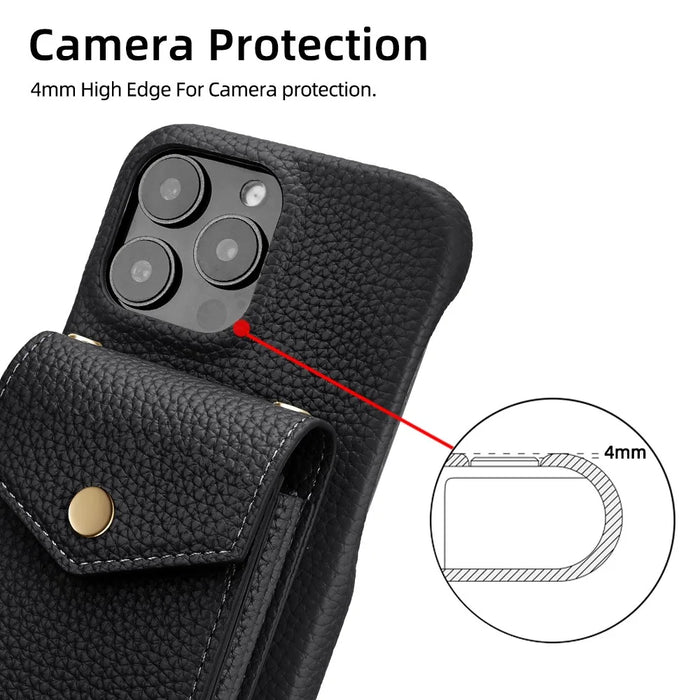 For iPhone 16 Pro Max Case Litchi Textured PU + TPU Phone Cover with Card Holder, Strap - Black - 7