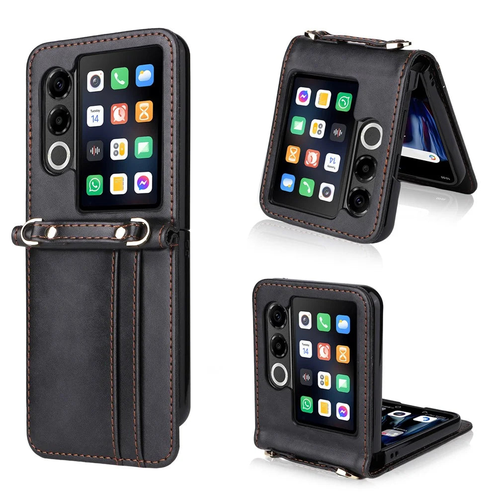 For ZTE nubia Flip2 5G Case Card Slots Leather Phone Cover with Lanyard - Black - 1