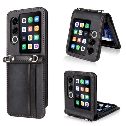 For ZTE nubia Flip2 5G Case Card Slots Leather Phone Cover with Lanyard - Black - 1