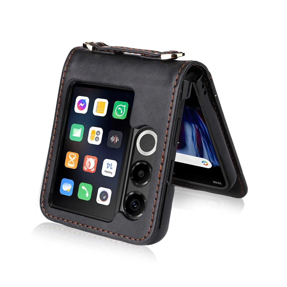 For ZTE nubia Flip2 5G Case Card Slots Leather Phone Cover with Lanyard - Black - 6