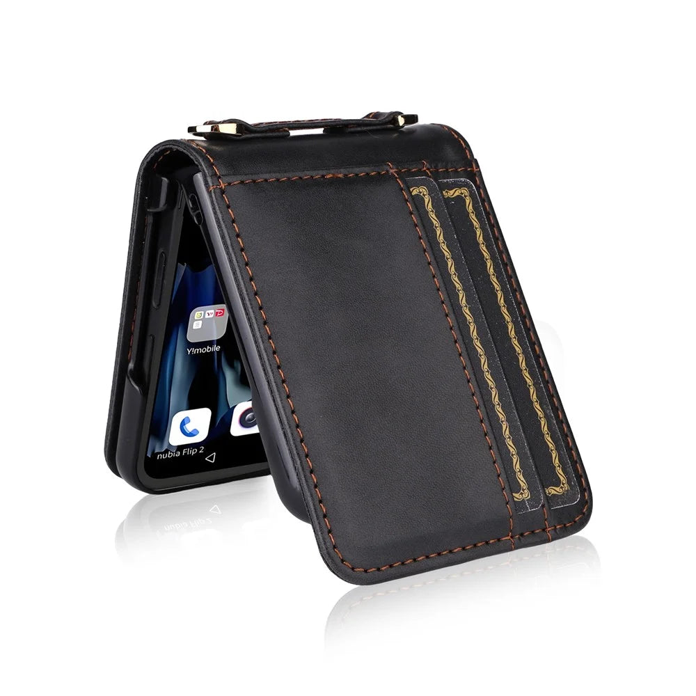 For ZTE nubia Flip2 5G Case Card Slots Leather Phone Cover with Lanyard - Black - 7
