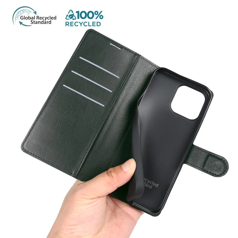 For iPhone 14 Pro Max Stand Case Biobased Eco-Friendly RPET RPVB Slim Phone Cover with Wallet - Blackish Green - 5
