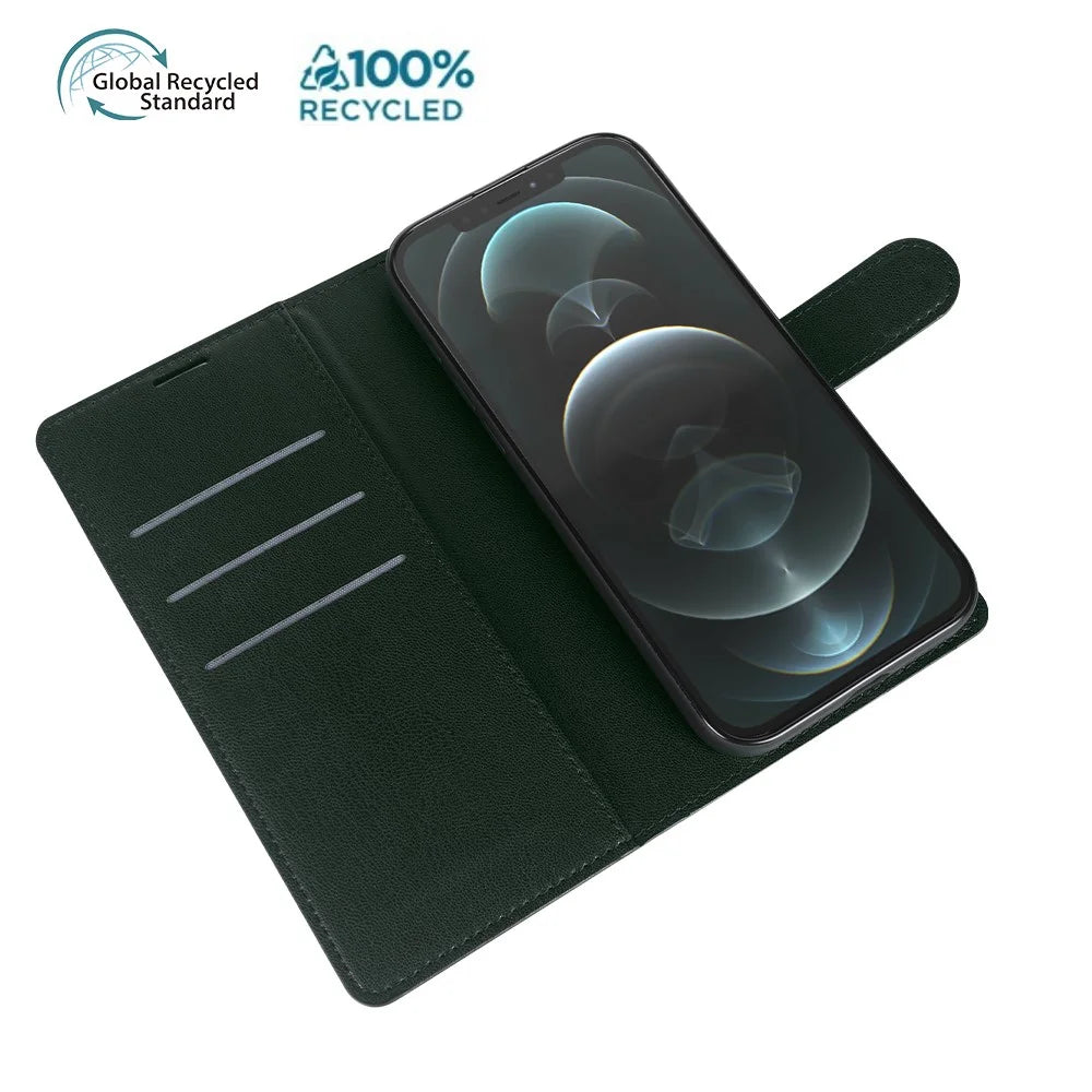 For iPhone 15 Pro Max Stand Case Biobased Eco-Friendly RPET RPVB Slim Phone Cover with Wallet - Blackish Green - 6