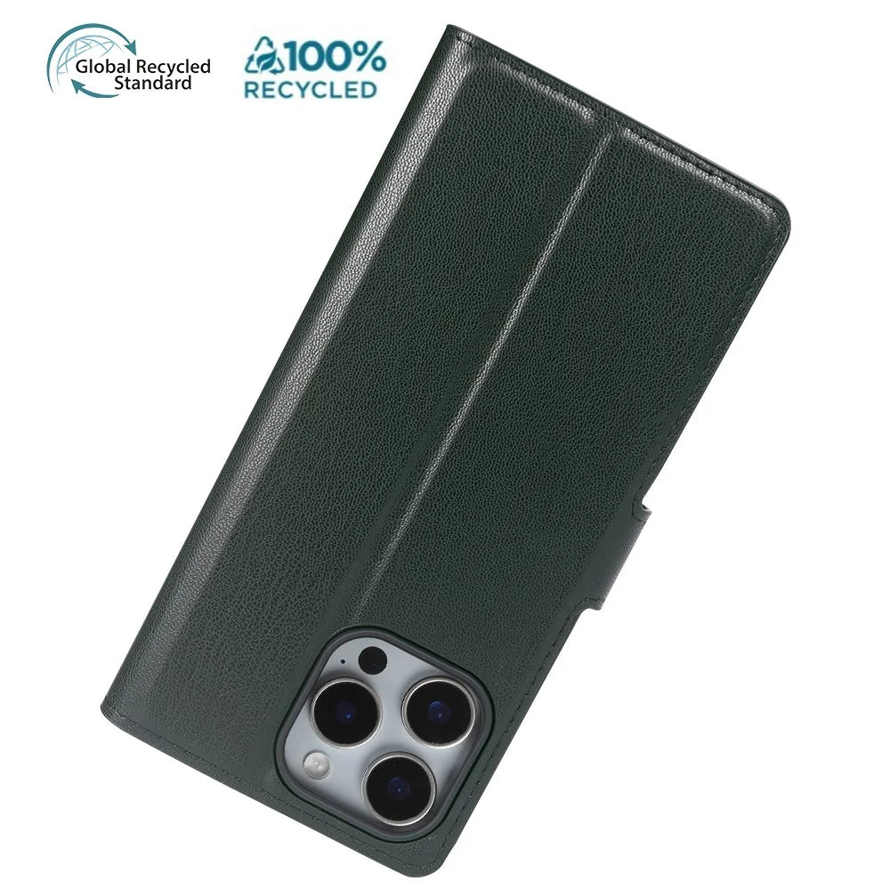 For iPhone 15 Pro Max Stand Case Biobased Eco-Friendly RPET RPVB Slim Phone Cover with Wallet - Blackish Green - 7