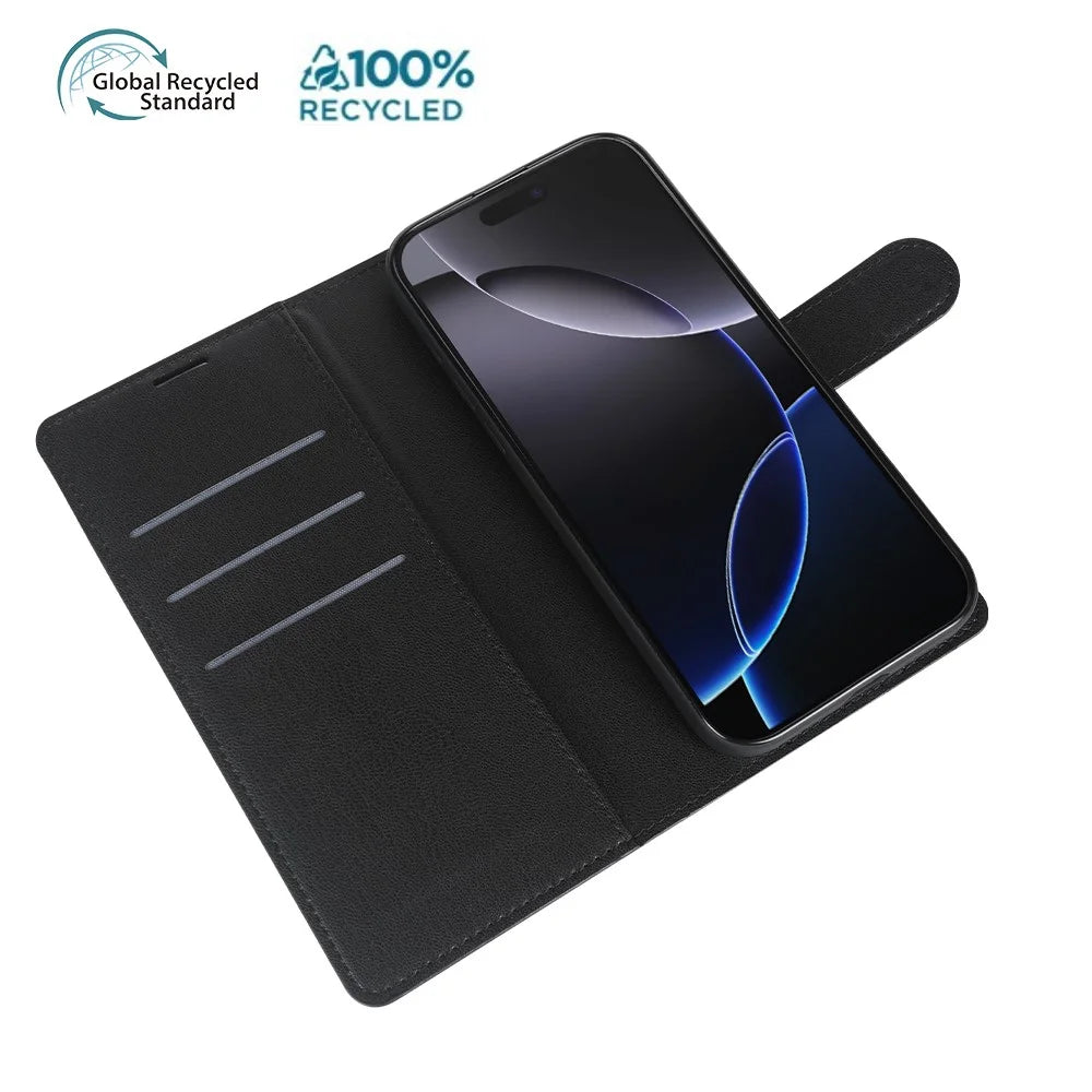For iPhone 16 Pro Stand Case Biobased Eco-Friendly RPET RPVB Slim Phone Cover with Wallet - Black - 6
