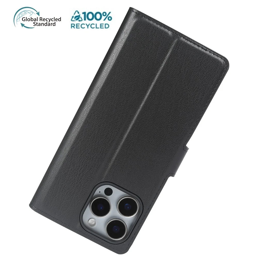 For iPhone 16 Pro Stand Case Biobased Eco-Friendly RPET RPVB Slim Phone Cover with Wallet - Black - 7