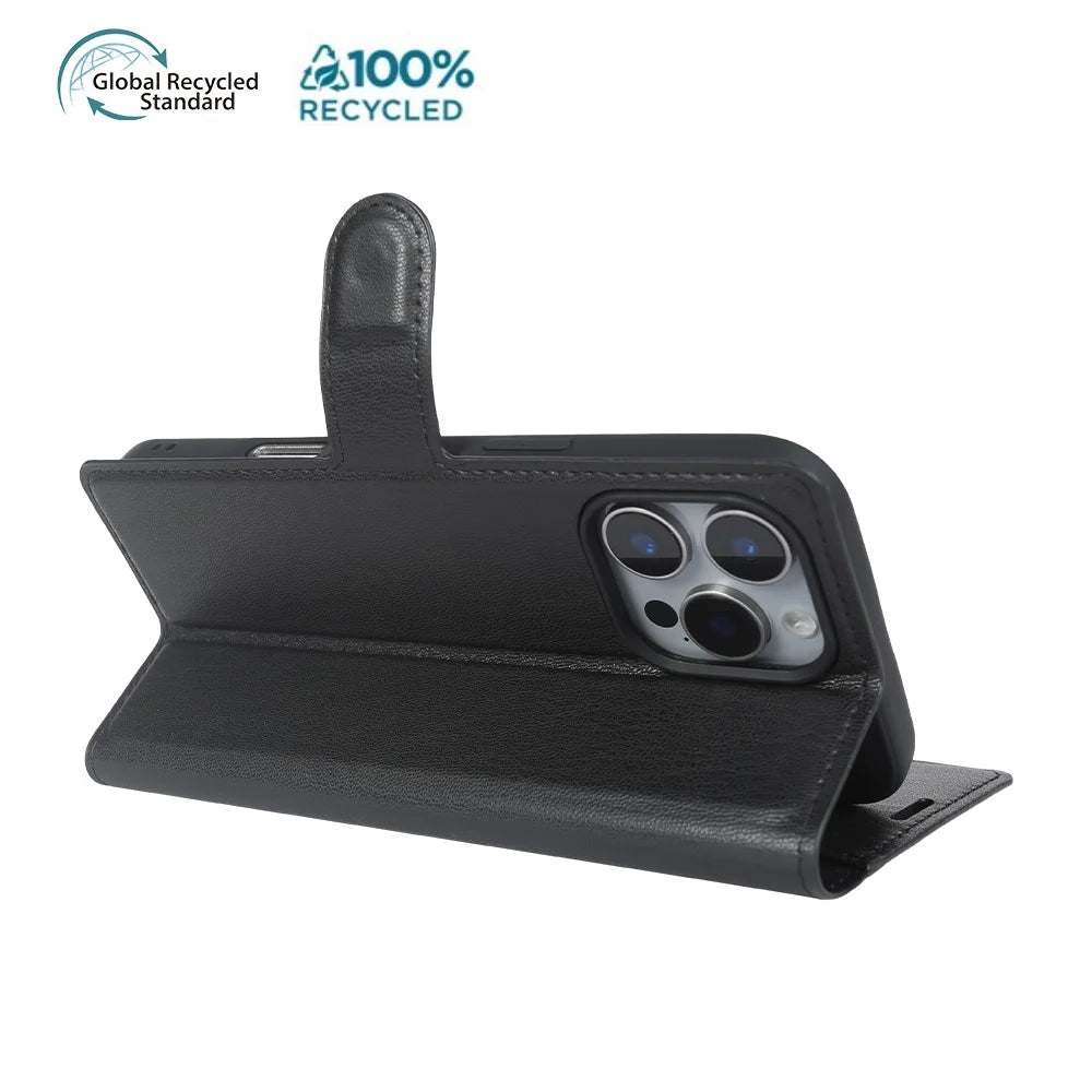 For iPhone 16 Pro Max Stand Case Biobased Eco-Friendly RPET RPVB Slim Phone Cover with Wallet - Black - 3