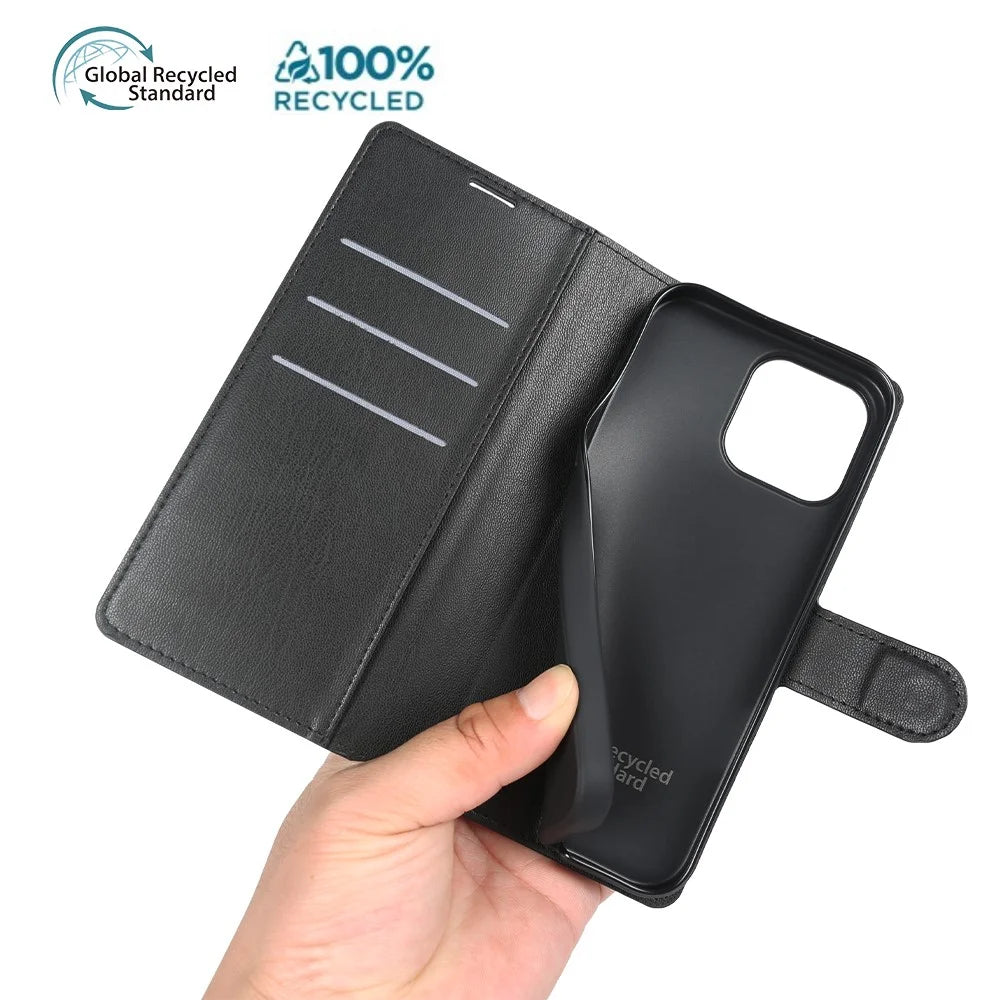 For iPhone 16 Pro Max Stand Case Biobased Eco-Friendly RPET RPVB Slim Phone Cover with Wallet - Black - 5