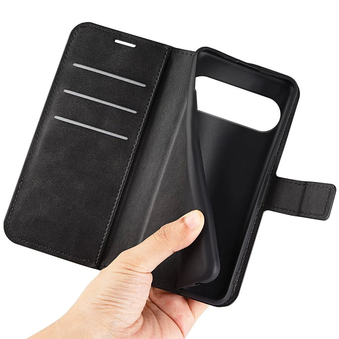 For Google Pixel 10 Stand Case Anti-Scratch Calf Texture Leather Phone Cover - Black - 5
