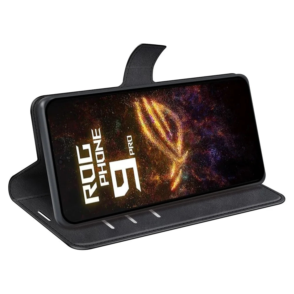 For Asus ROG Phone 9 Pro 5G Stand Case Anti-Scratch Calf Texture Leather Phone Cover - Black - 3