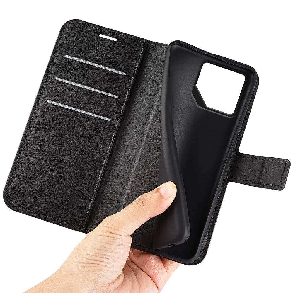 For Asus ROG Phone 9 Pro 5G Stand Case Anti-Scratch Calf Texture Leather Phone Cover - Black - 5