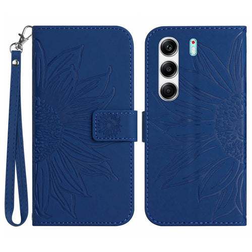 For TECNO Camon 40 Pro 5G Case Sunflower Imprint Leather Wallet Phone Cover with Wrist Strap - Sapphire - 1