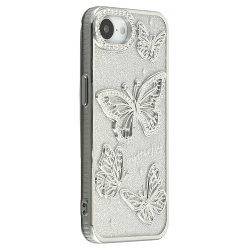 For iPhone 17e / 16e Case Rhinestones Decor 3D Butterfly TPU Phone Cover with Glitter Paper - Silver - 1