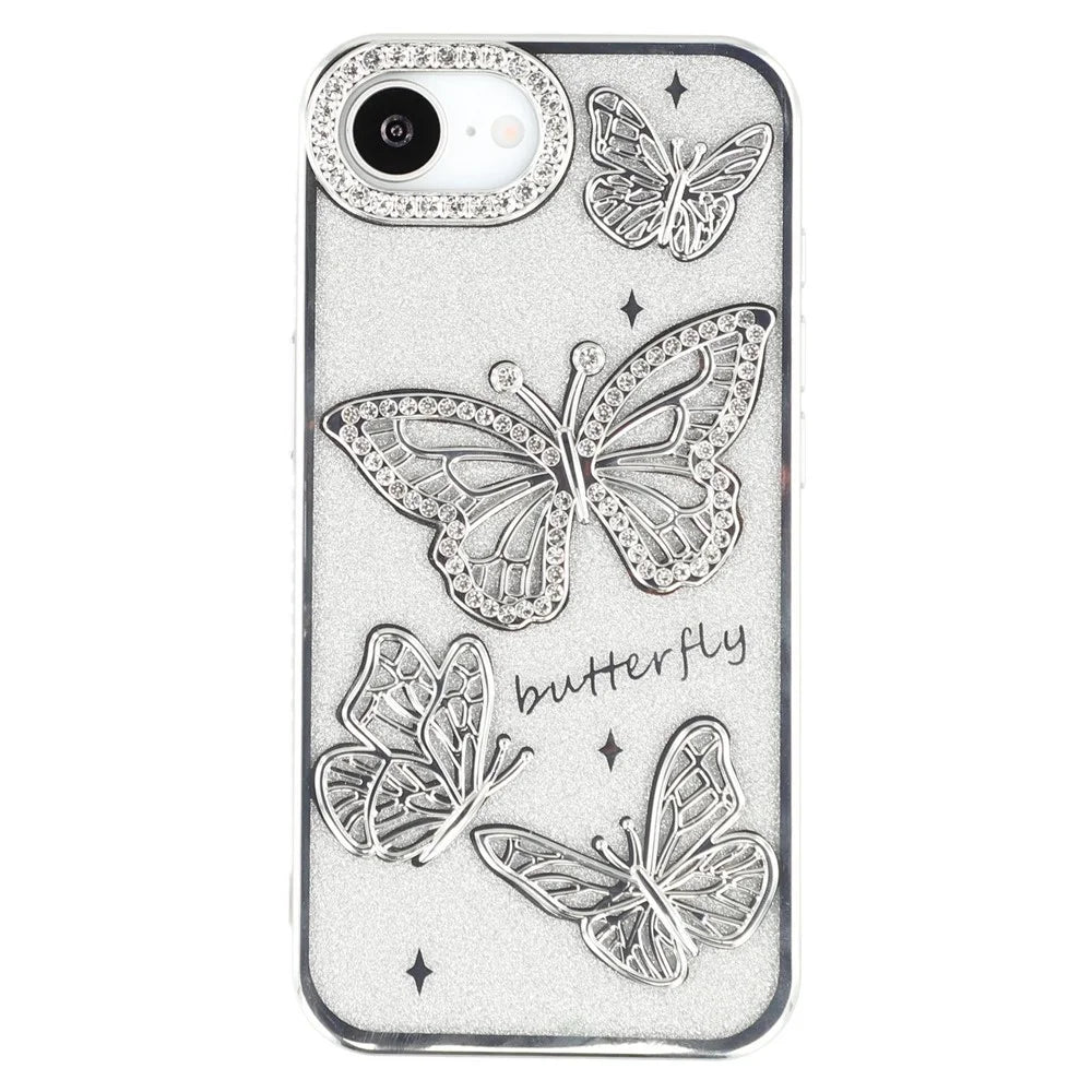 For iPhone 17e / 16e Case Rhinestones Decor 3D Butterfly TPU Phone Cover with Glitter Paper - Silver - 2