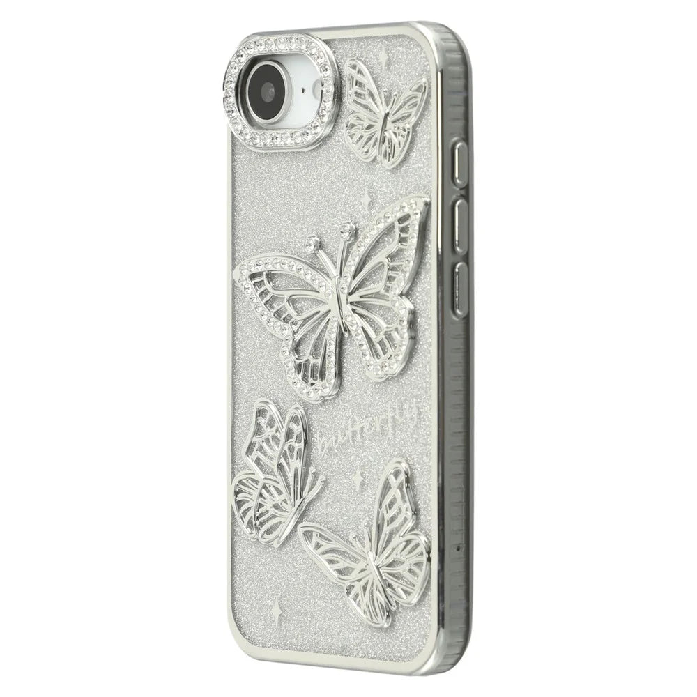 For iPhone 17e / 16e Case Rhinestones Decor 3D Butterfly TPU Phone Cover with Glitter Paper - Silver - 3