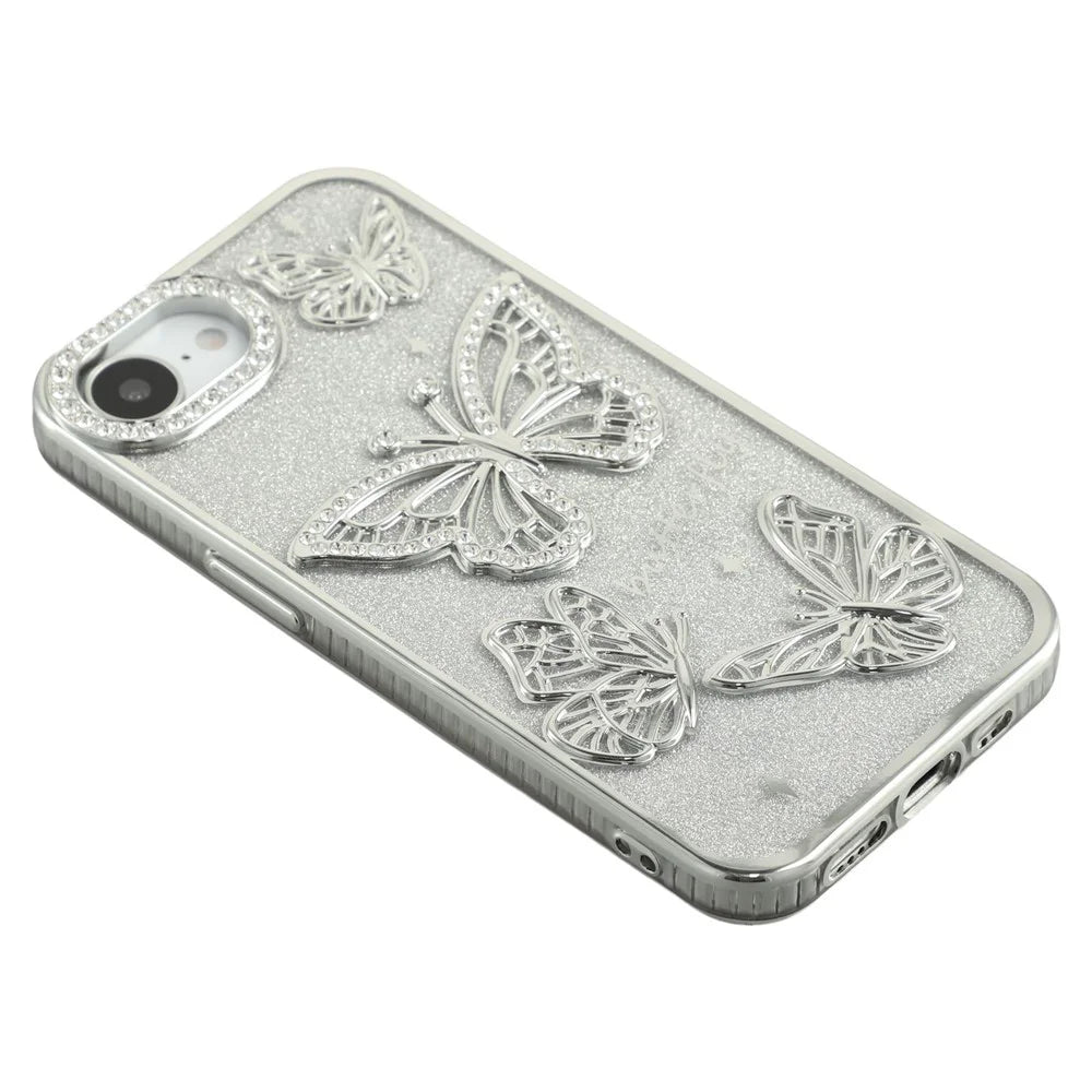 For iPhone 17e / 16e Case Rhinestones Decor 3D Butterfly TPU Phone Cover with Glitter Paper - Silver - 4