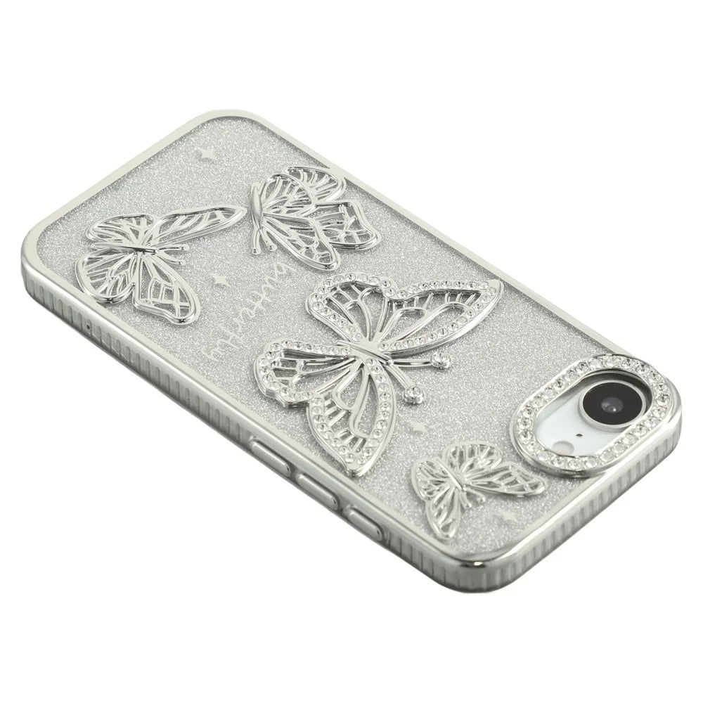 For iPhone 17e / 16e Case Rhinestones Decor 3D Butterfly TPU Phone Cover with Glitter Paper - Silver - 5