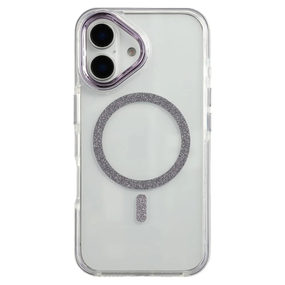 For iPhone 16 Magnetic Case Glitter Edge TPU + PC Clear Back Phone Cover - Purple - 2