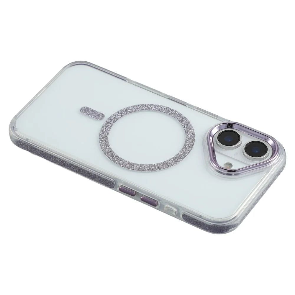 For iPhone 16 Magnetic Case Glitter Edge TPU + PC Clear Back Phone Cover - Purple - 5