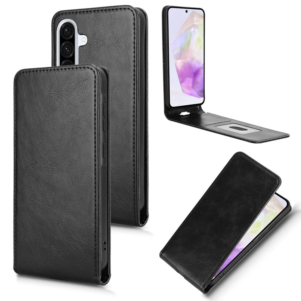For Samsung Galaxy A56 5G Case with Card Slot Magnetic Vertical Flip Leather Phone Cover - Black - 4