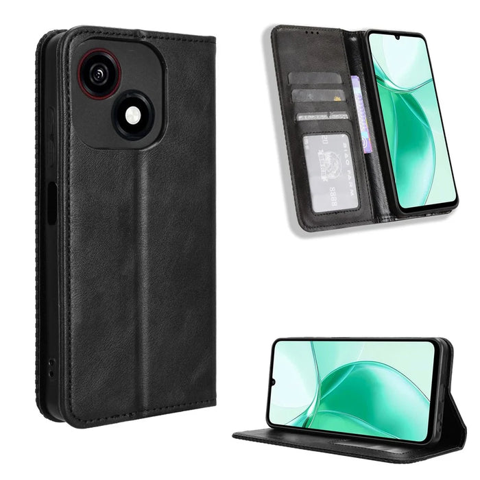 For ZTE Blade A35e (EU) Retro PU Leather Case Phone Wallet Stand Cover - Black - 1