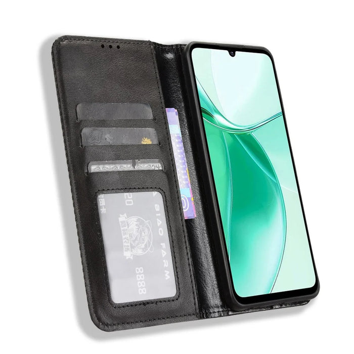 For ZTE Blade A35e (EU) Retro PU Leather Case Phone Wallet Stand Cover - Black - 4