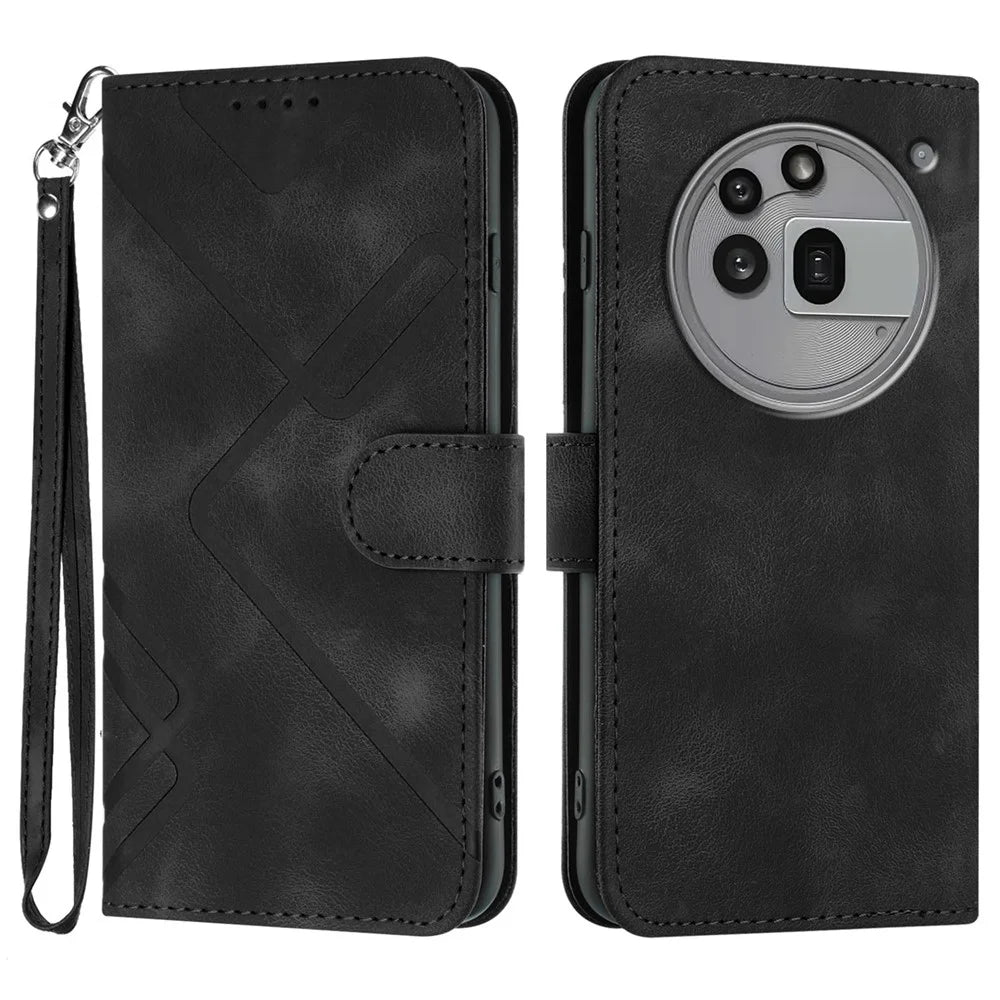 For Nothing Phone (3a) Pro Wallet Case Line Imprinted PU Leather Phone Cover with Strap - Black - 1