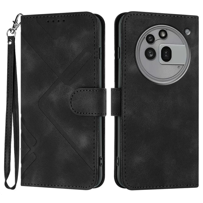 For Nothing Phone (3a) Pro Wallet Case Line Imprinted PU Leather Phone Cover with Strap - Black - 1