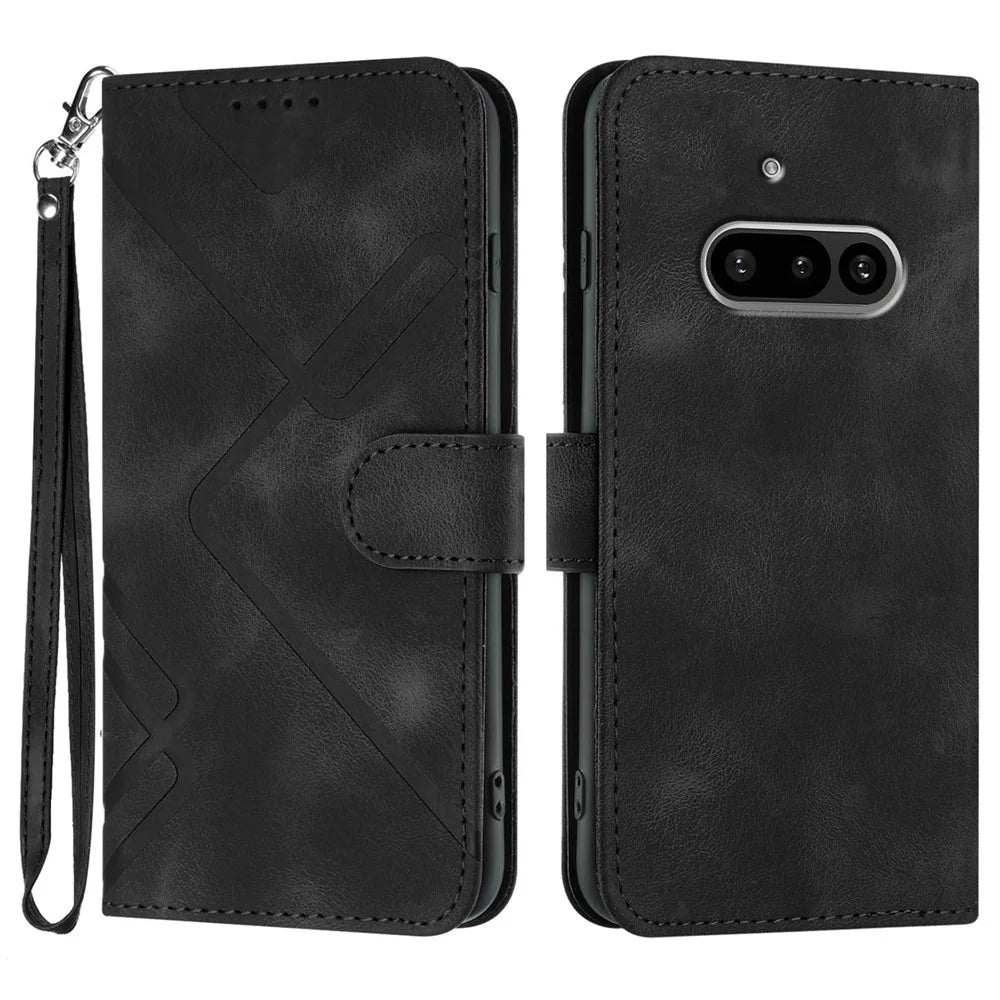 For Nothing Phone (3a) Wallet Case Line Imprinted PU Leather Phone Cover with Strap - Black - 1