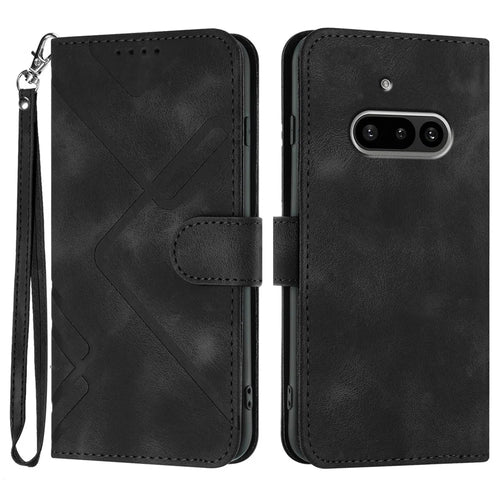 For Nothing Phone (3a) Wallet Case Line Imprinted PU Leather Phone Cover with Strap - Black - 1