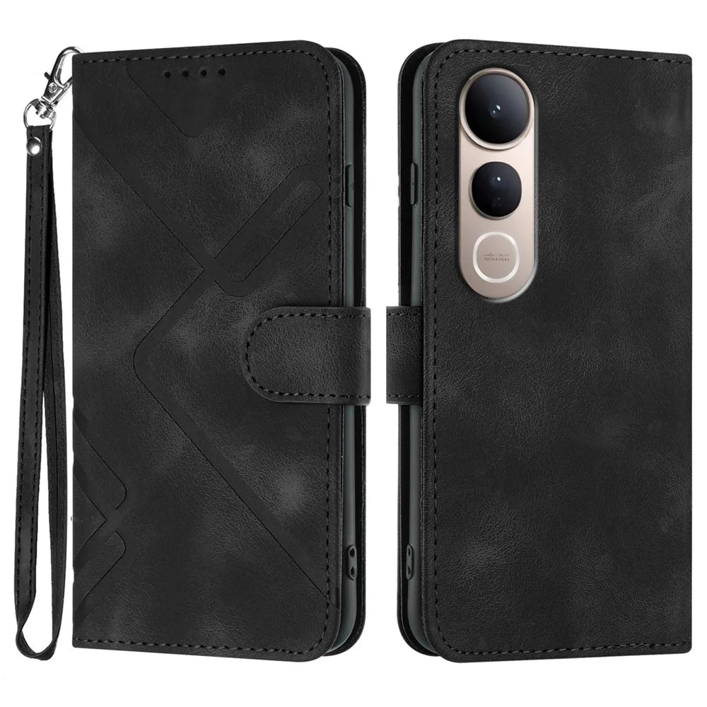 For vivo V50 Lite 5G Wallet Case Line Imprinted PU Leather Phone Cover with Strap - Black - 1