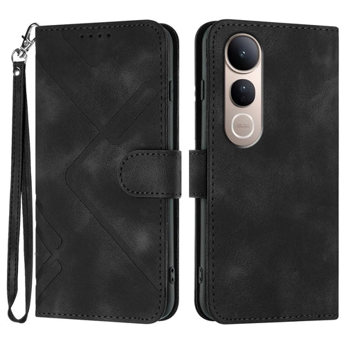 For vivo V50 Lite 5G Wallet Case Line Imprinted PU Leather Phone Cover with Strap - Black - 1