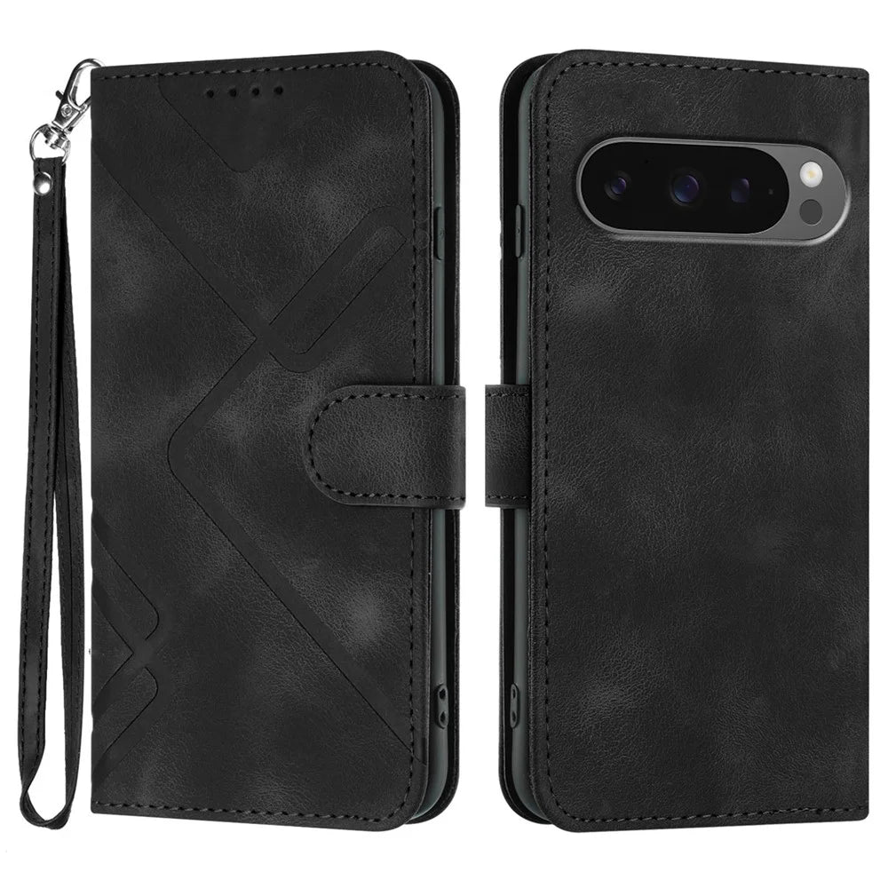 For Google Pixel 9 Pro XL / Google Pixel 10 Pro XL Wallet Case Line Imprinted PU Leather Phone Cover with Strap - Black - 1