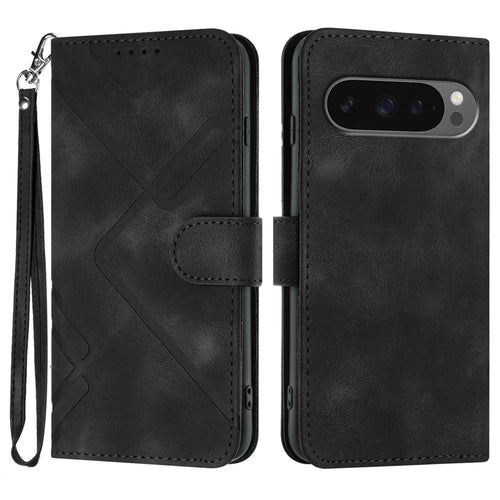 For Google Pixel 10 Pro / Google Pixel 9 / Google Pixel 9 Pro / Google Pixel 10 Wallet Case Line Imprinted PU Leather Phone Cover with Strap - Black - 1