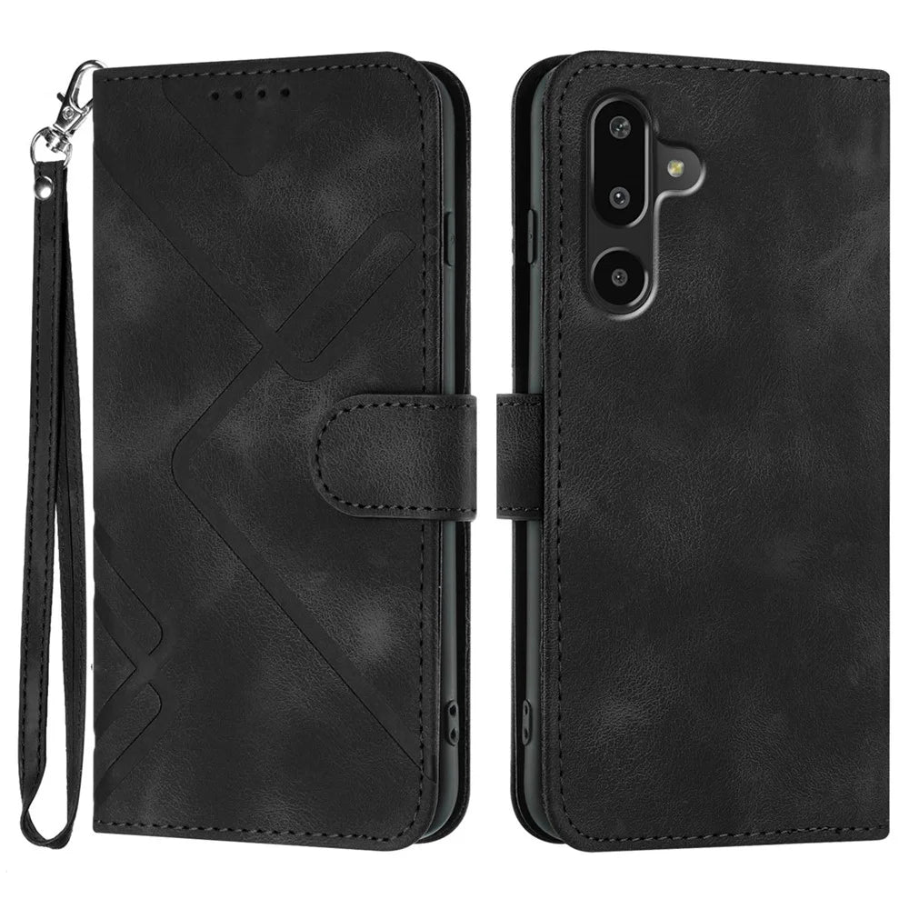 For Samsung Galaxy M16 5G / Galaxy F16 5G Wallet Case Line Imprinted PU Leather Phone Cover with Strap - Black - 1