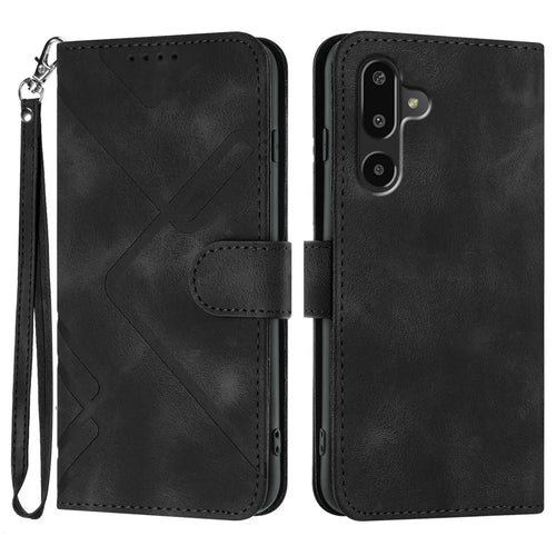 For Samsung Galaxy M16 5G / Galaxy F16 5G Wallet Case Line Imprinted PU Leather Phone Cover with Strap - Black - 1