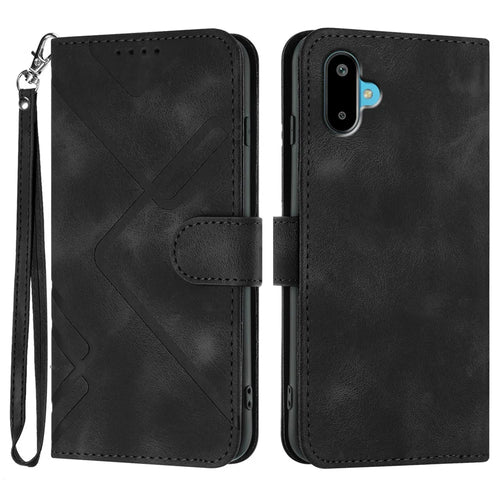 For Samsung Galaxy M06 5G / Galaxy F06 5G Wallet Case Line Imprinted PU Leather Phone Cover with Strap - Black - 1