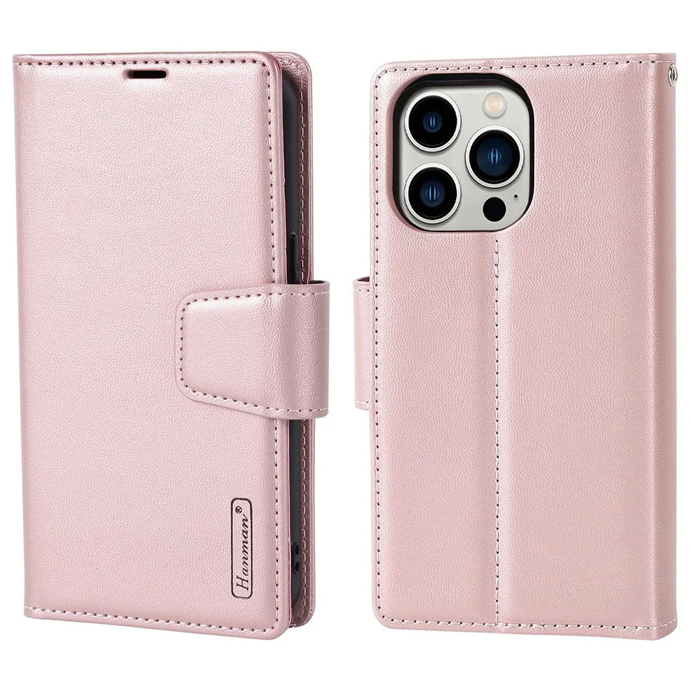 HANMAN Miro2 Series for iPhone 14 Pro PU Leather Wallet Phone Case Magnetic Detachable Stand Flip Cover - Rose Gold - 1