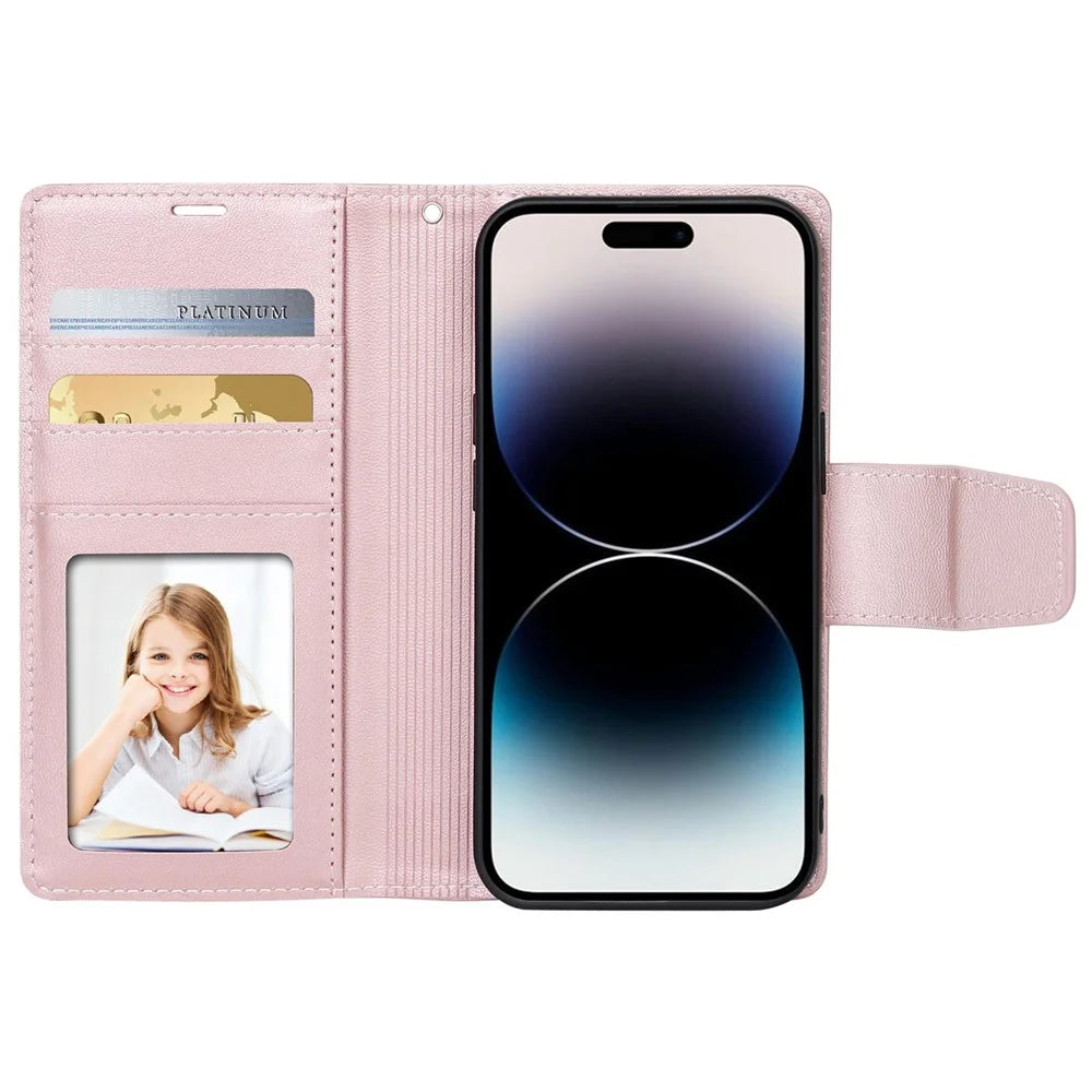 HANMAN Miro2 Series for iPhone 14 Pro PU Leather Wallet Phone Case Magnetic Detachable Stand Flip Cover - Rose Gold - 2
