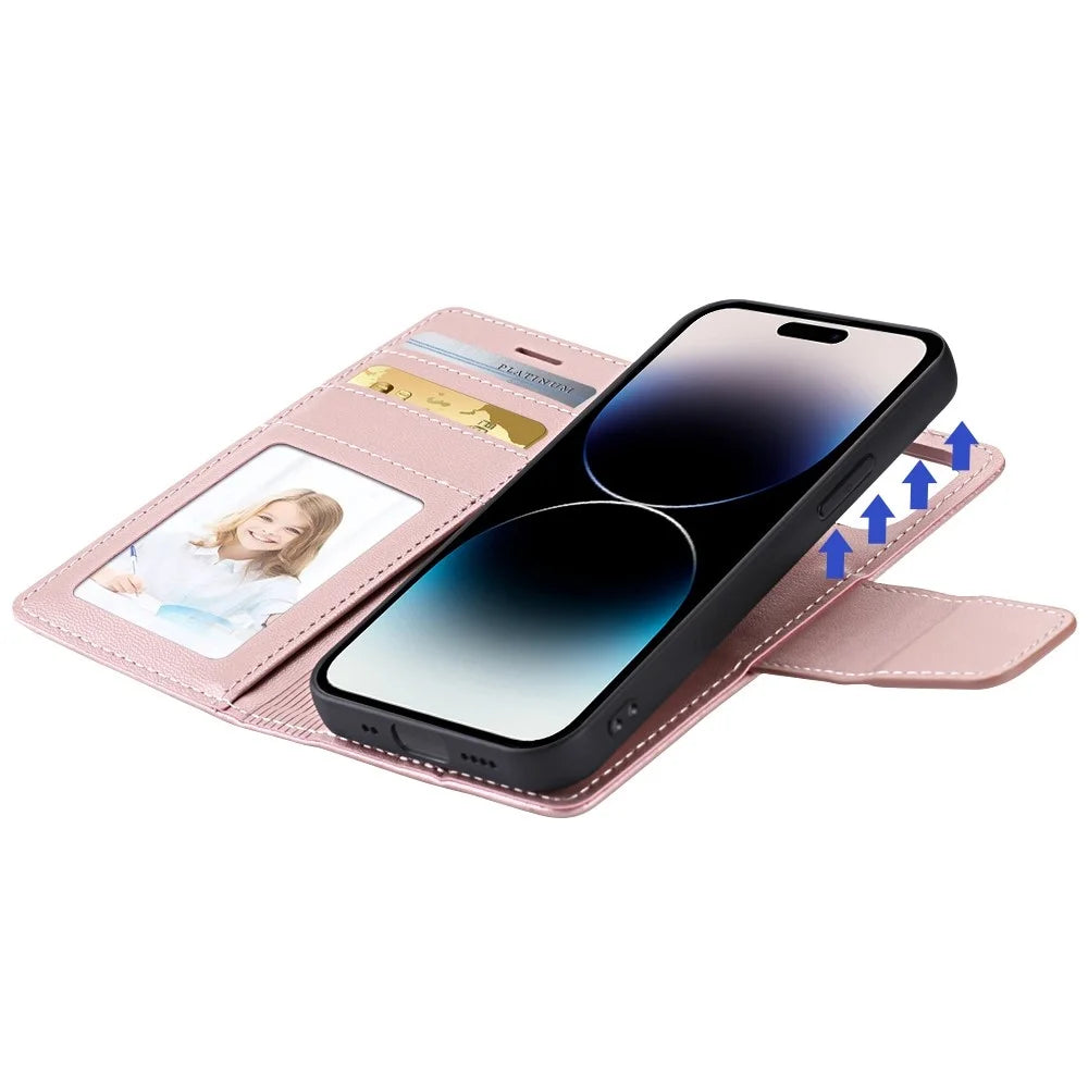 HANMAN Miro2 Series for iPhone 14 Pro PU Leather Wallet Phone Case Magnetic Detachable Stand Flip Cover - Rose Gold - 4