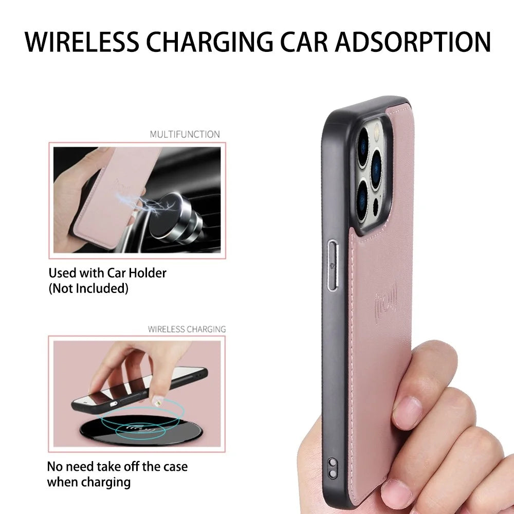 HANMAN Miro2 Series for iPhone 14 Pro PU Leather Wallet Phone Case Magnetic Detachable Stand Flip Cover - Rose Gold - 5