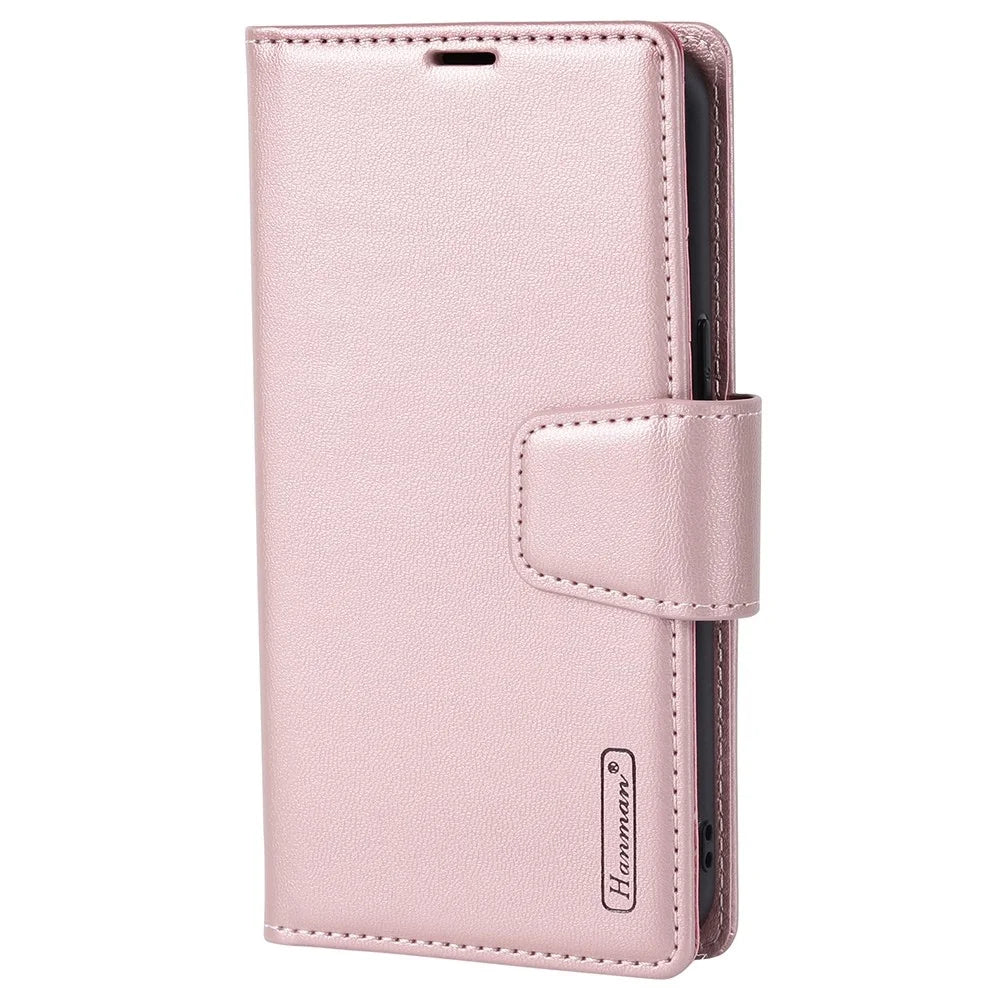 HANMAN Miro2 Series for iPhone 14 Pro PU Leather Wallet Phone Case Magnetic Detachable Stand Flip Cover - Rose Gold - 7