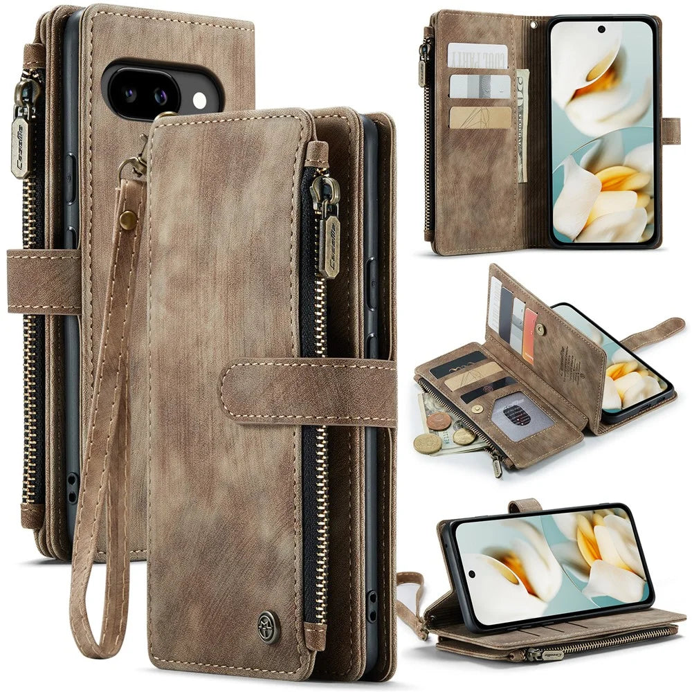 CASEME For Google Pixel 9a Phone Cases with Strap  C30 Zipper Multiple Card Holder PU Leather Cover - Brown - 1