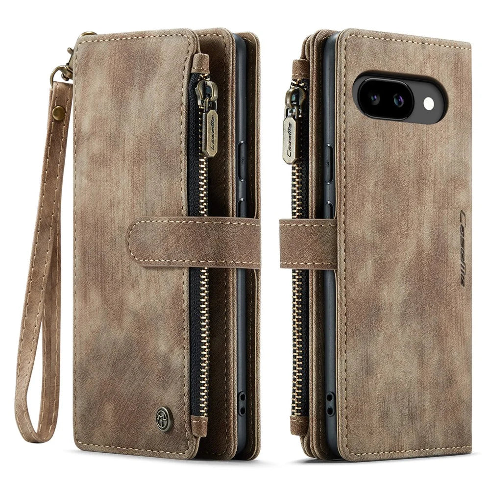 CASEME For Google Pixel 9a Phone Cases with Strap  C30 Zipper Multiple Card Holder PU Leather Cover - Brown - 2