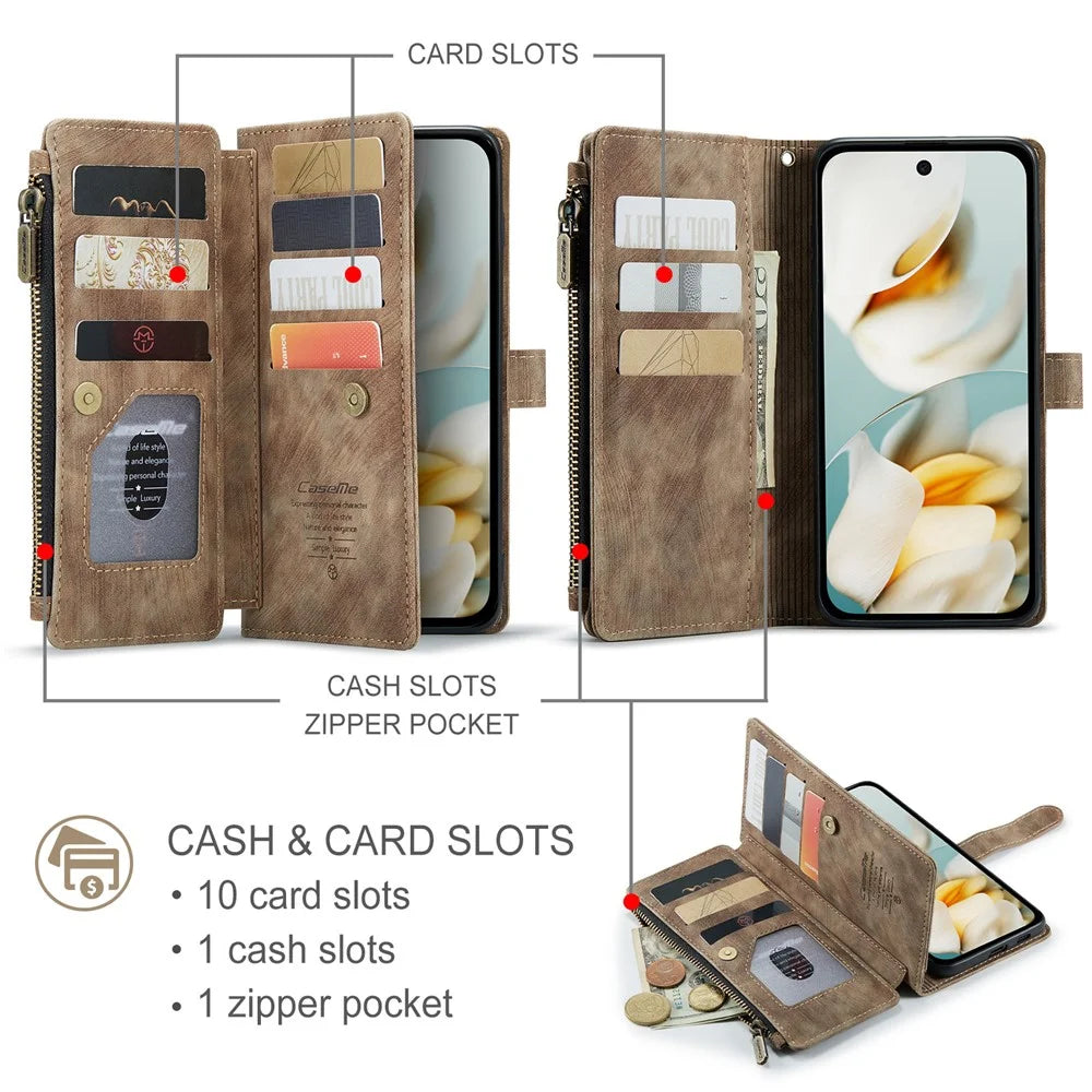 CASEME For Google Pixel 9a Phone Cases with Strap  C30 Zipper Multiple Card Holder PU Leather Cover - Brown - 3